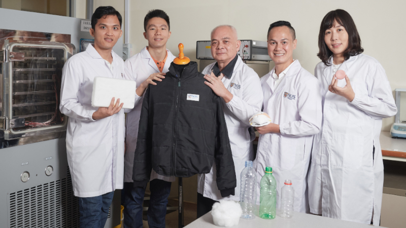 Hai Minh Duong, Department of Mechanical Engineering, National University of Singapore (NUS) Faculty of Engineering, Professor Nhan Phan-Thien, and the team at the National University of Singapore hold up demonstrations of aerogel products made from plastic waste. Khac Duyen Le, Research Engineer, Department of Mechanical Engineering, NUS Faculty of Engineering, Leung Hoe Inn, Ryan, final-year undergraduate student, Department of Mechanical Engineering, NUS Faculty of Engineering, Professor Nhan Phan-Thien, Department of Mechanical Engineering, NUS Faculty of Engineering, Associate Professor Hai Minh Duong, Department of Mechanical Engineering, NUS Faculty of Engineering, Dr Xiwen Zhang, Singapore Institute of Manufacturing Technology, Agency for Science, Technology and Research