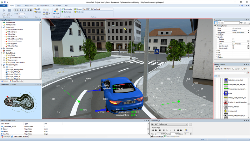 A screenshot of MotionDesk software from dSPACE shows simulation of vehicle sensors