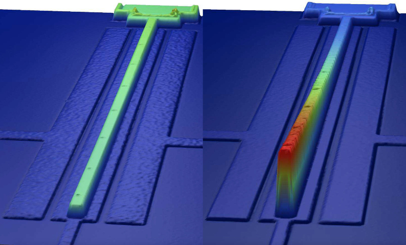 A MEMS switch from Binghamton University and Professor Sherry Towfighian, a closed MEMS switch and an open MEMS switch