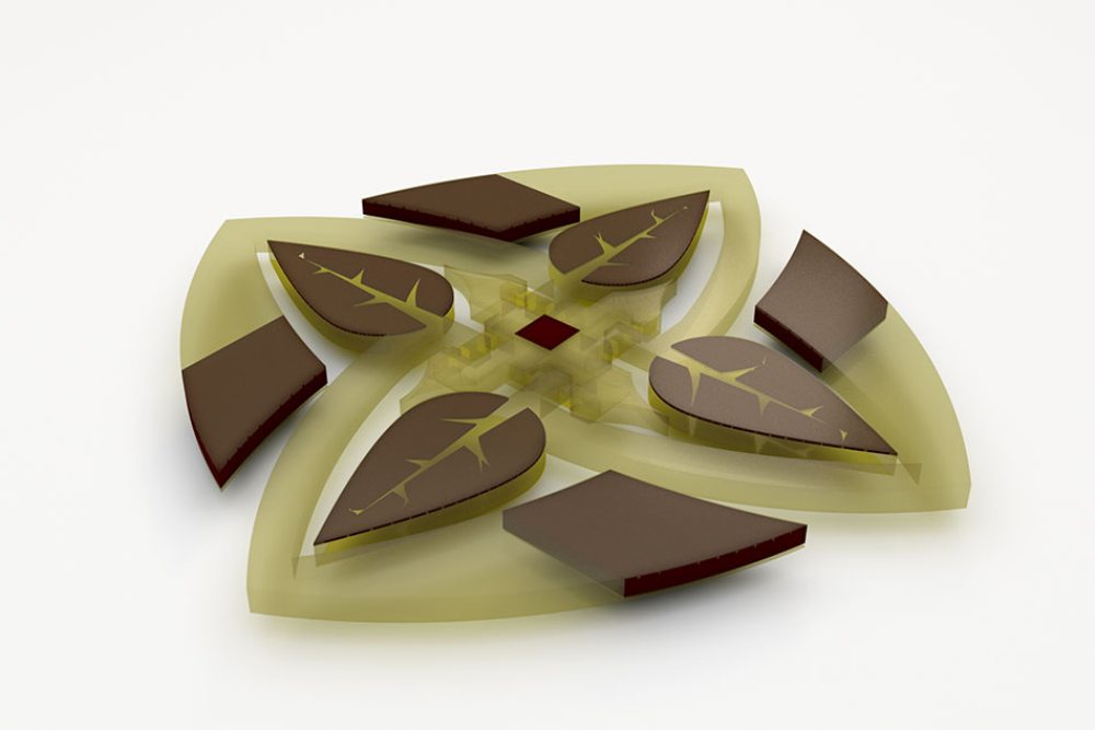 3D-printed water lillies from MIT. Arrays of actuators and hinges fold up in response to magnetic fields run through conductive fluids