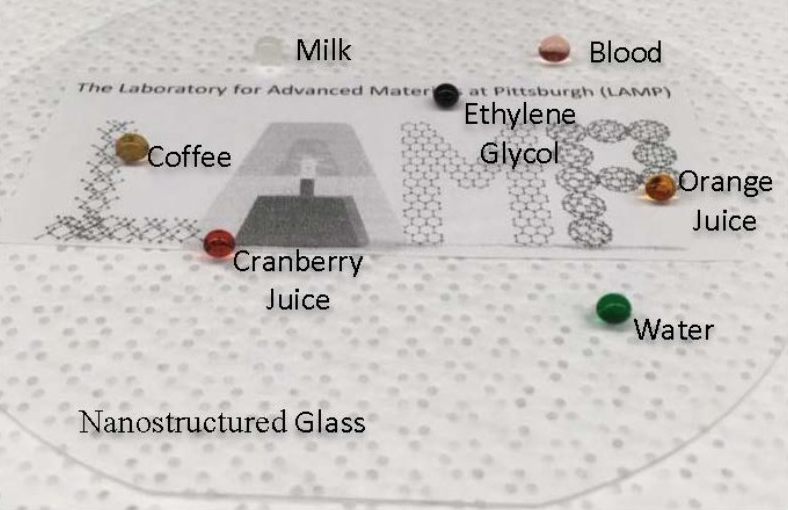 a nanostructured glass from the university of pittsburgh displaying liquid repellent properties with milk, blood, coffee, juice, water, and ethylene glycol